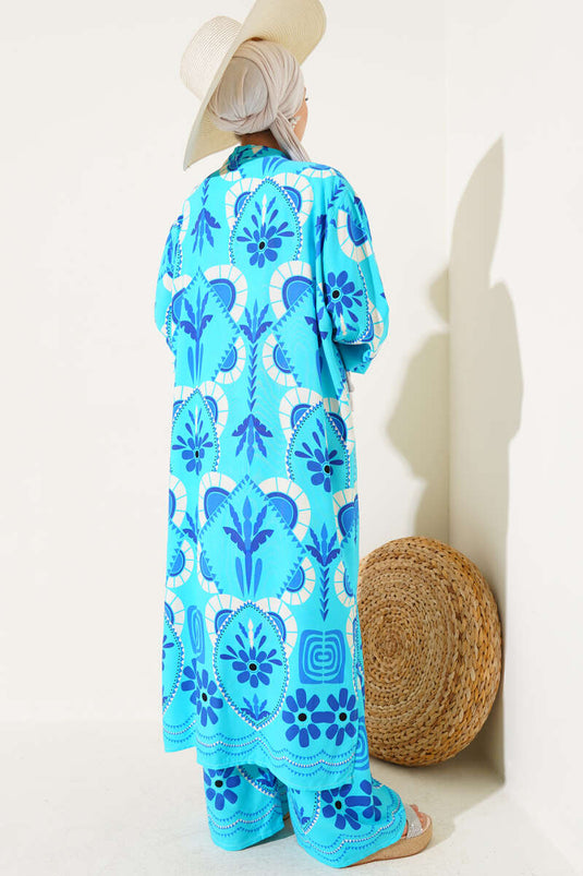 Langer Kimono-Zweiteiler mit Blumenmuster in Türkis