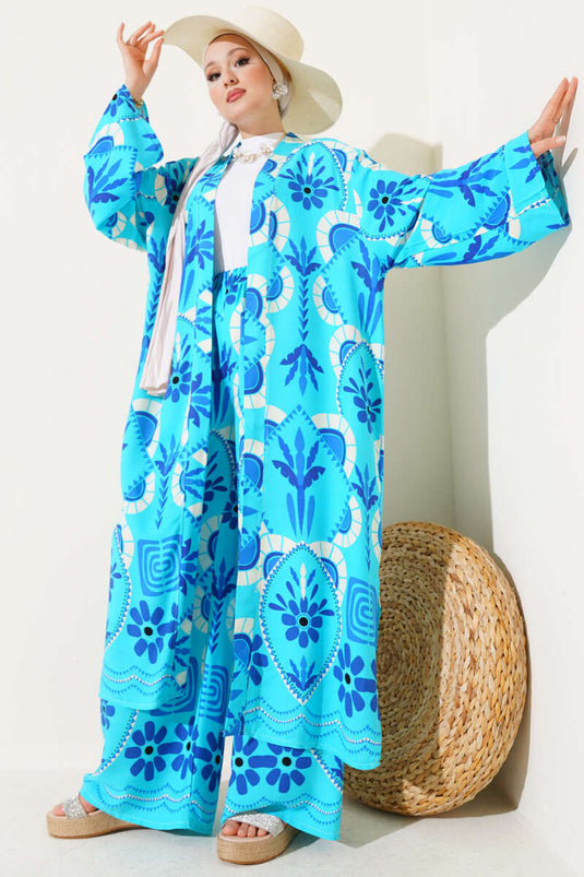 Langer Kimono-Zweiteiler mit Blumenmuster in Türkis