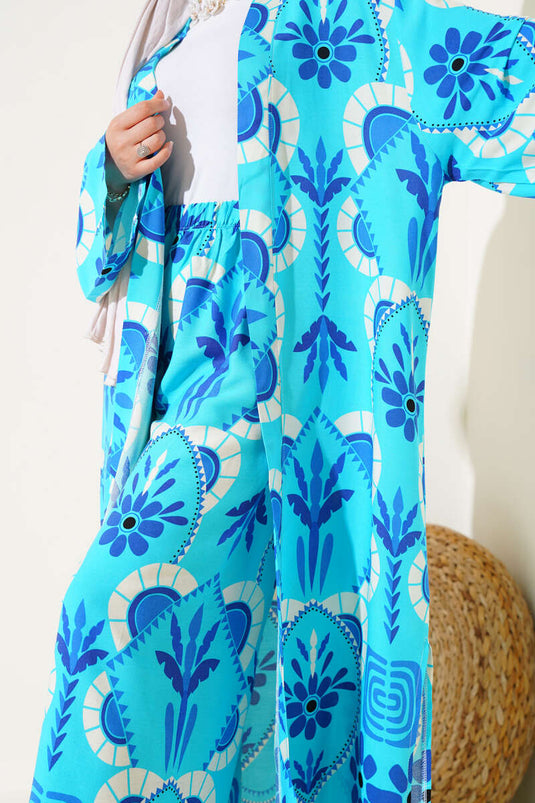 Langer Kimono-Zweiteiler mit Blumenmuster in Türkis