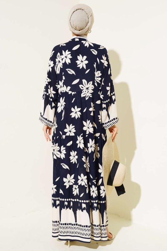 Robe Semi-Plissée à Motif Floral Bleu Marine