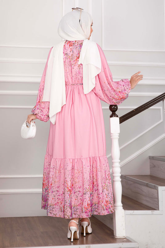 Çiçek Desen Yarım Düğmeli Elbise Pembe