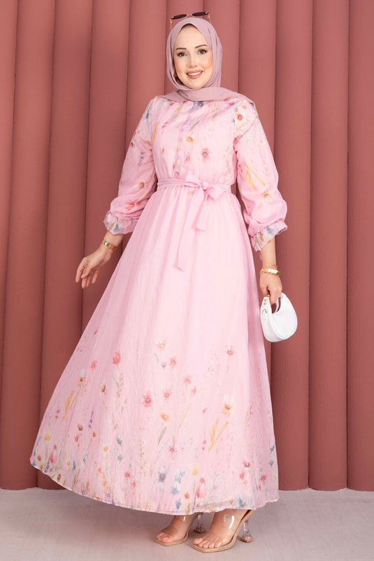 Çiçek Desen Yarım Düğmeli Kuşaklı Elbise Pembe