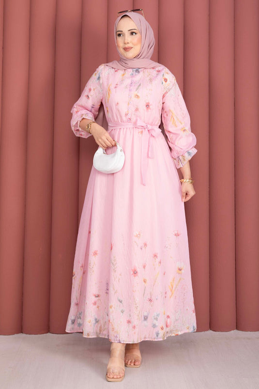Çiçek Desen Yarım Düğmeli Kuşaklı Elbise Pembe