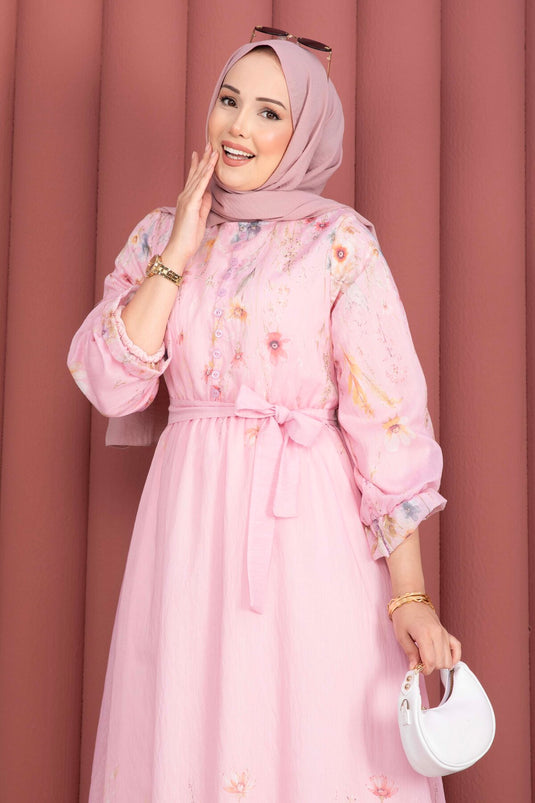 Çiçek Desen Yarım Düğmeli Kuşaklı Elbise Pembe