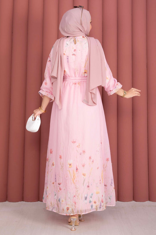 Çiçek Desen Yarım Düğmeli Kuşaklı Elbise Pembe
