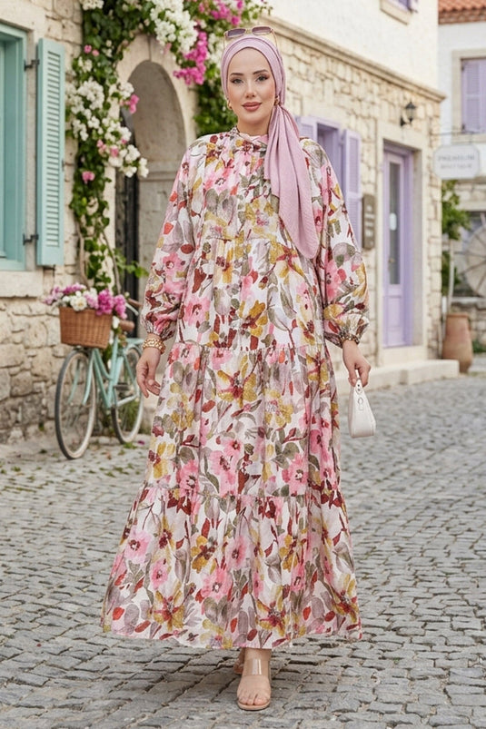 Çiçekpatroon Halflange Viscose Jurk Kaki