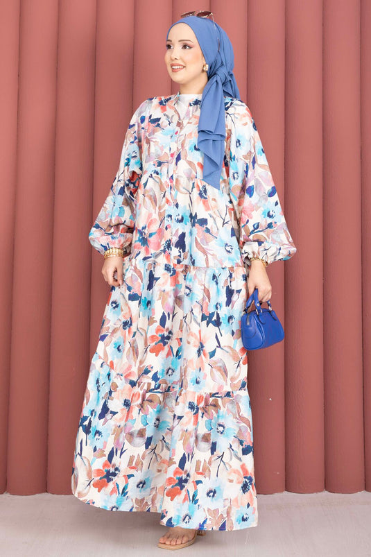 Viskosekleid mit Blumenmuster und halber Knopfleiste, Indigo