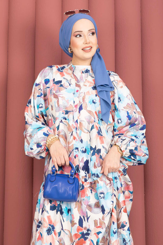 فستان فيسكوز نصف أزرار بنقشة الأزهار باللون النيلي