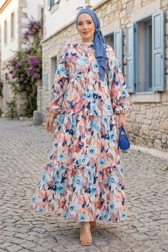Viskosekleid mit Blumenmuster und halber Knopfleiste, Indigo