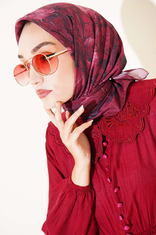 Çiçek Desenli Bambu Kraş Eşarp Bordo