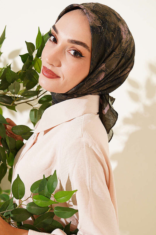 Çiçek Desenli Bambu Kraş Eşarp Haki