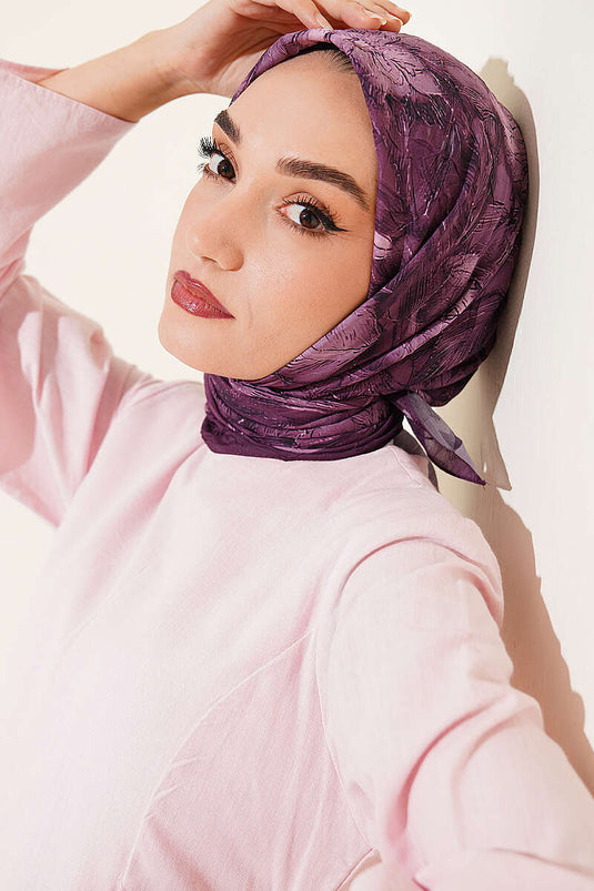 Çiçek Desenli Bambu Kraş Eşarp Magenta