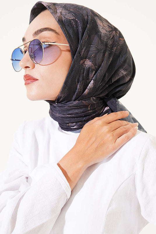 Çiçek Desenli Bambu Kraş Eşarp Siyah