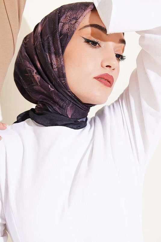 Çiçek Desenli Bambu Kraş Eşarp Siyah Kahve