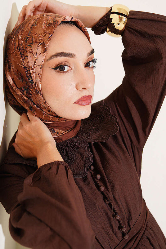 Çiçek Desenli Bambu Kraş Eşarp Taba