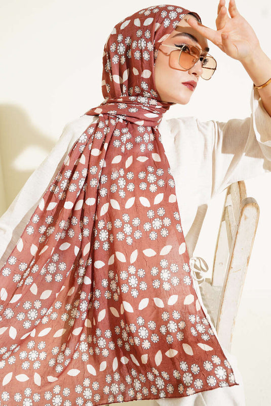 Çiçek Desenli Bambu Kraş Şal Açık Kahve