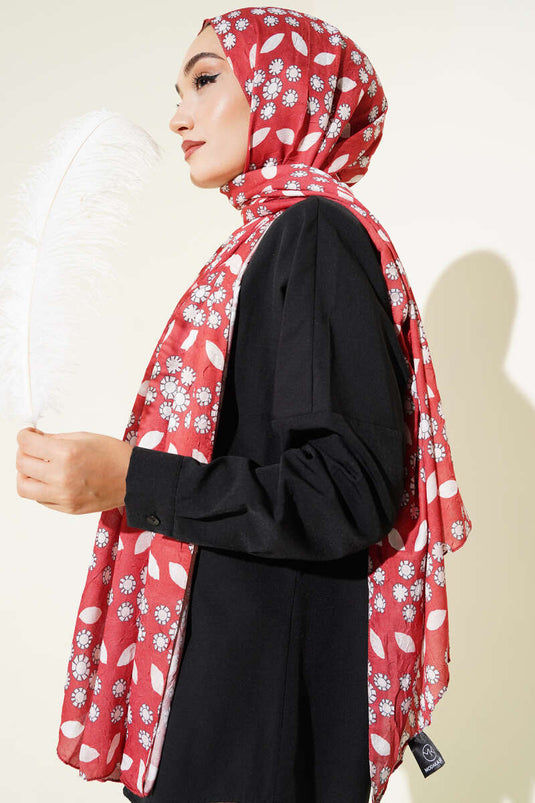 Çiçek Desenli Bambu Kraş Şal Kiremit