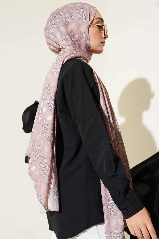 Çiçek Desenli Bambu Kraş Şal Latte