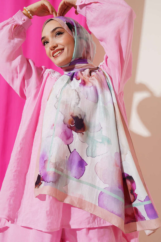 وشاح من الخيزران بنقوش زهرية، بيج مخضر