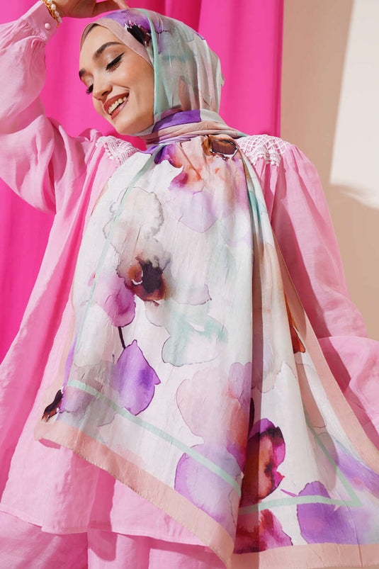 وشاح من الخيزران بنقوش زهرية، بيج مخضر