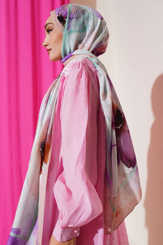 وشاح من الخيزران بنقوش زهرية، بيج مخضر