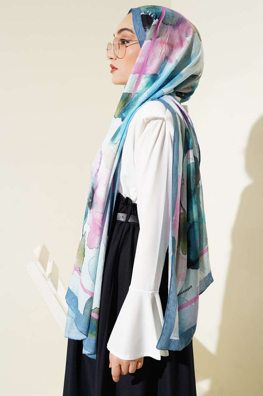 Bambus-Schal mit Blumenmuster, blau