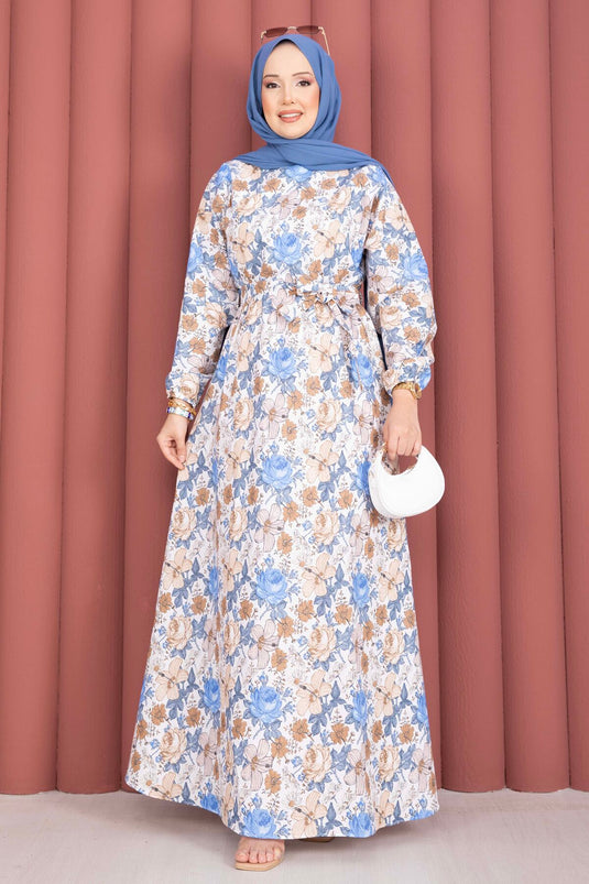 Indigo Dress with Floral Pattern, Gathered Waist, and Belt