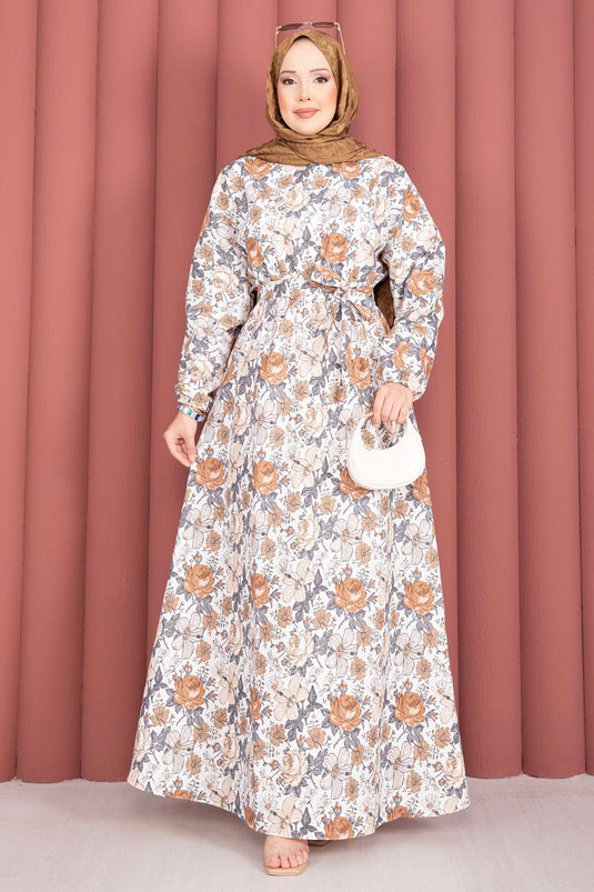 Floral Patterned Dress with Gathered Waist and Belt Brown