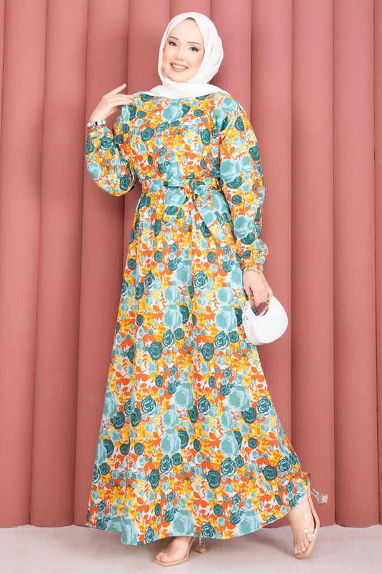 Mint Dress with Floral Pattern, Gathered Waist, and Belt