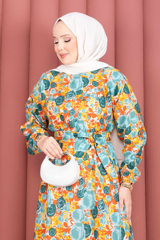 Mint Dress with Floral Pattern, Gathered Waist, and Belt