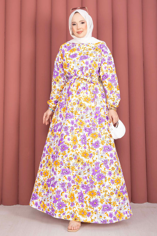 Floral Patterned Dress with Gathered Waist and Belt in Burgundy