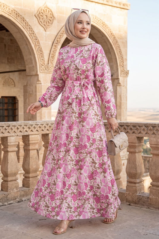 Çiçek Desenli Beli Büzgülü Kuşaklı Elbise Pembe