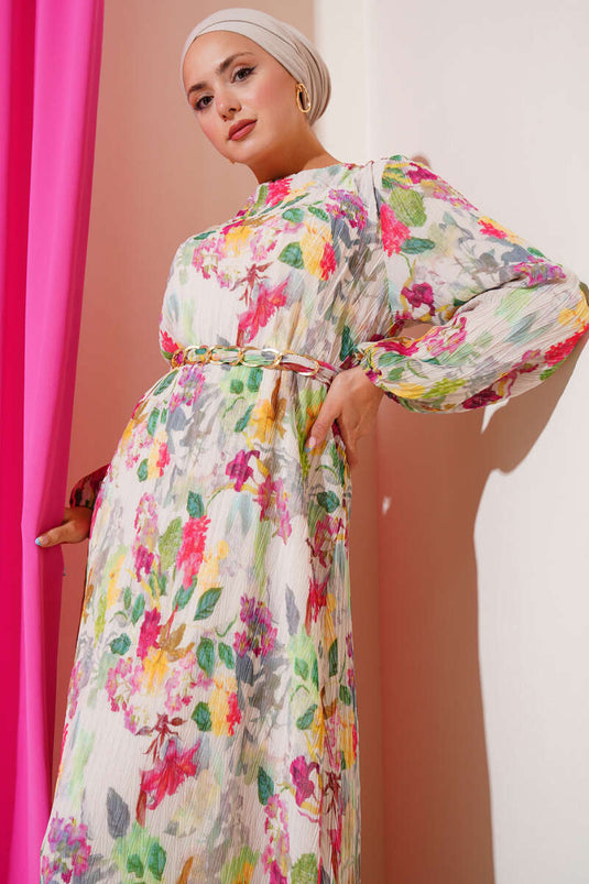 Floral Patterned Pleated Dress Green