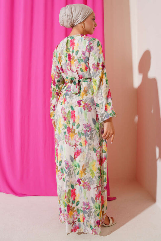 Floral Patterned Pleated Dress Green