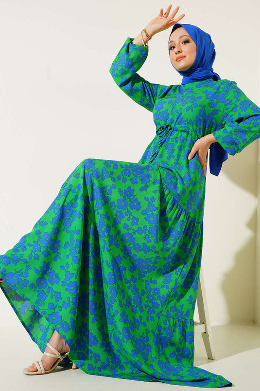 Robe Tunnel Froncée à Motifs Floraux Vert