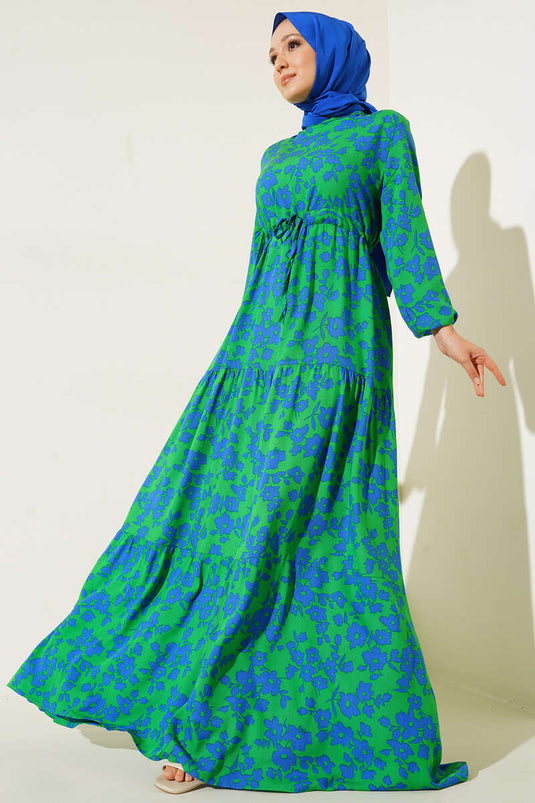 Robe Tunnel Froncée à Motifs Floraux Vert