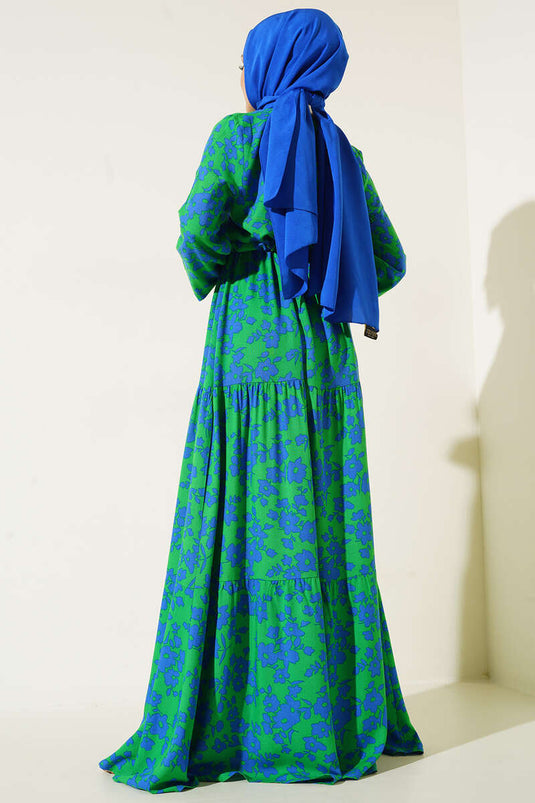 Robe Tunnel Froncée à Motifs Floraux Vert