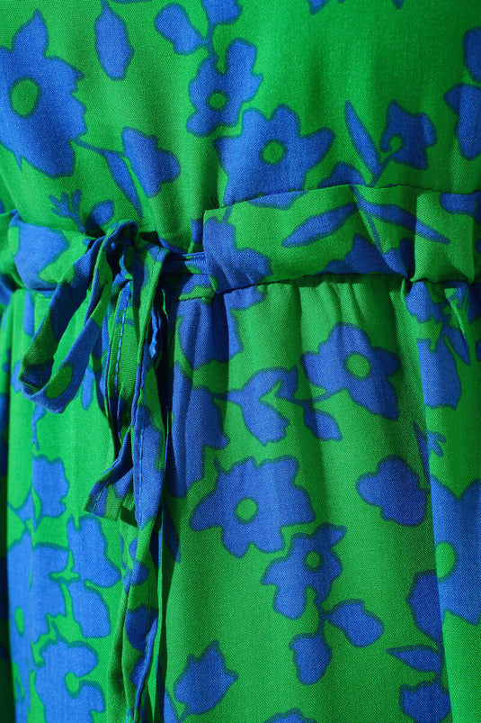 Robe Tunnel Froncée à Motifs Floraux Vert