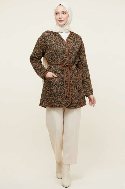 Jasje met bloemenprint en zakken, koffiekleurig