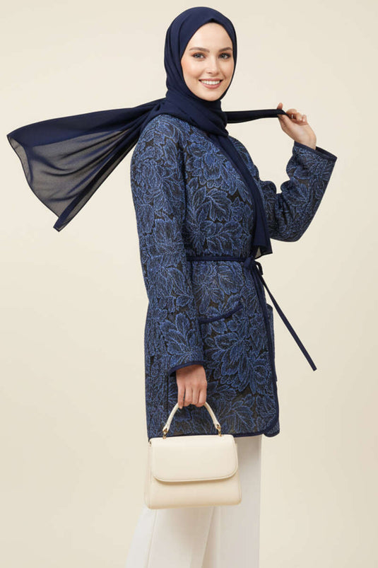 Çiçek Desenli Cepli Ceket Lacivert