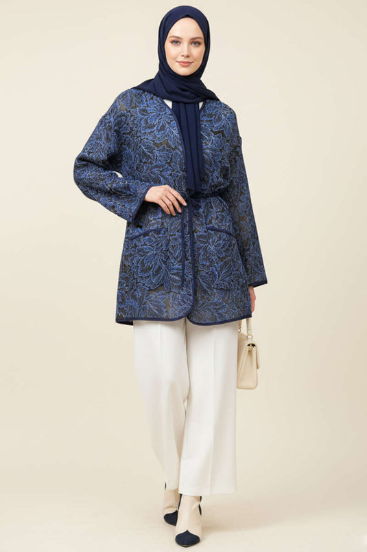 Jasje met bloemenprint en zakken, marineblauw