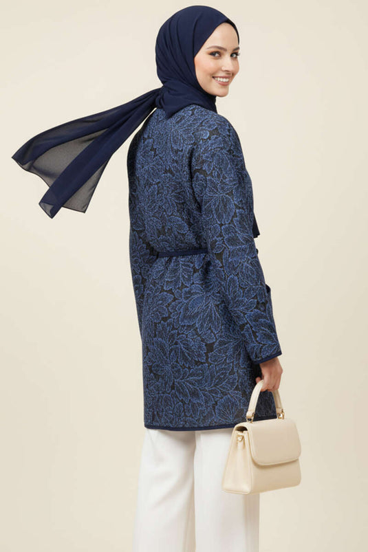 Jasje met bloemenprint en zakken, marineblauw