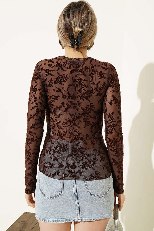 Blusa con pizzo e motivo floreale Marrone