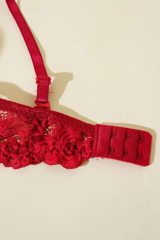 Soutien-gorge rembourré en dentelle à motif floral bordeaux