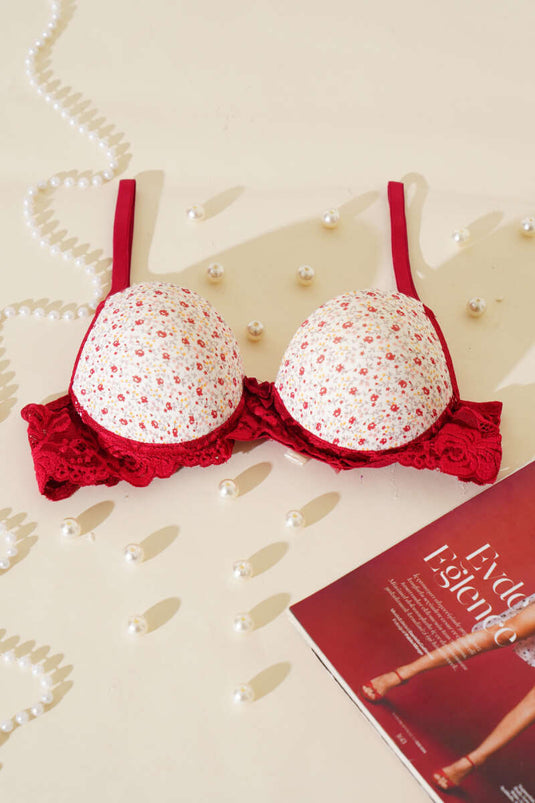 Soutien-gorge rembourré en dentelle à motif floral bordeaux