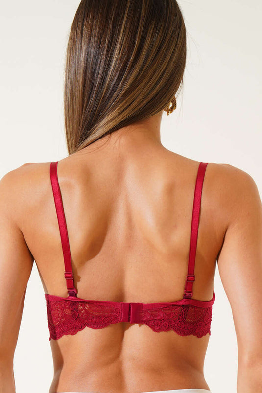 Reggiseno imbottito in pizzo con motivo floreale bordeaux