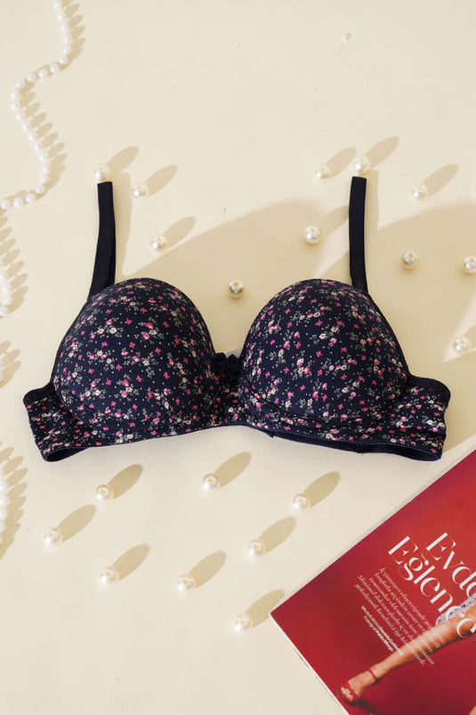 Soutien-gorge rembourré à motif floral bleu marine