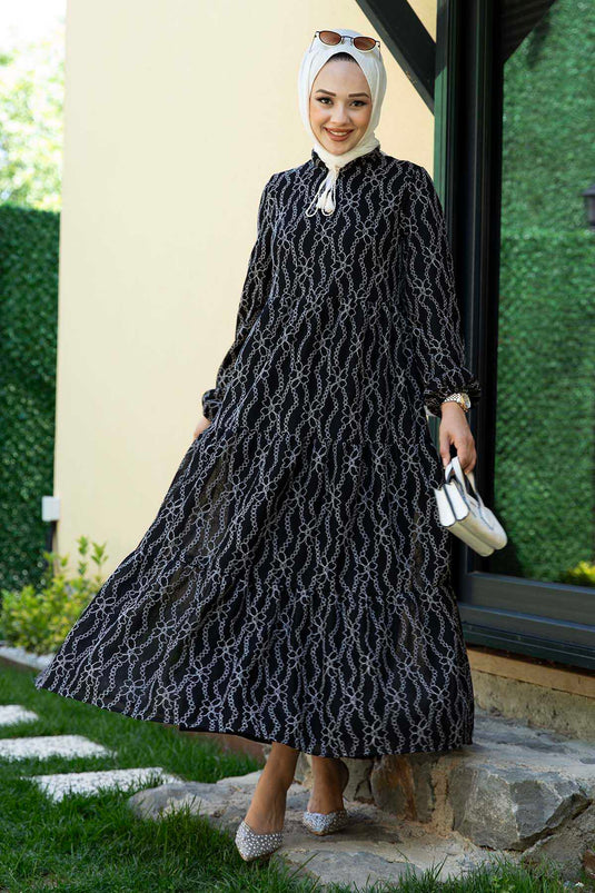 Robe Hijab à Motifs Floraux Noir