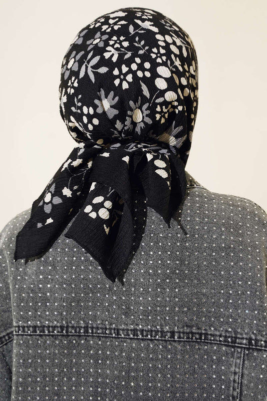 Flower Patterned Scarf Black Gray