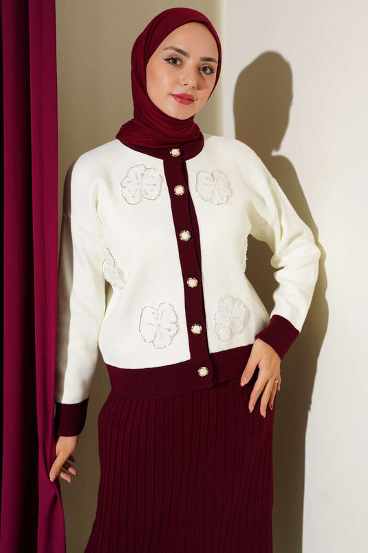 Floral Patterned Skirted Knitwear Two Piece Suit Burgundy